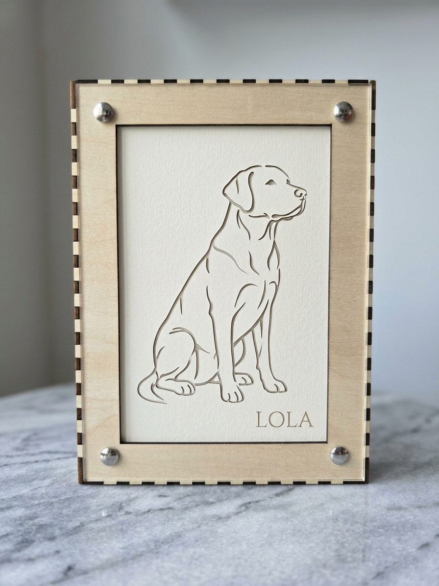 Laser-cut wooden line portrait of the same dog with Lola engraved